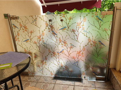 Self-adhesive decorative frosted window film Veneciano with branches and birds
