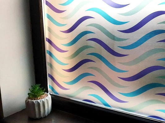 Self-adhesive decorative frosted window film Blue Waves pattern