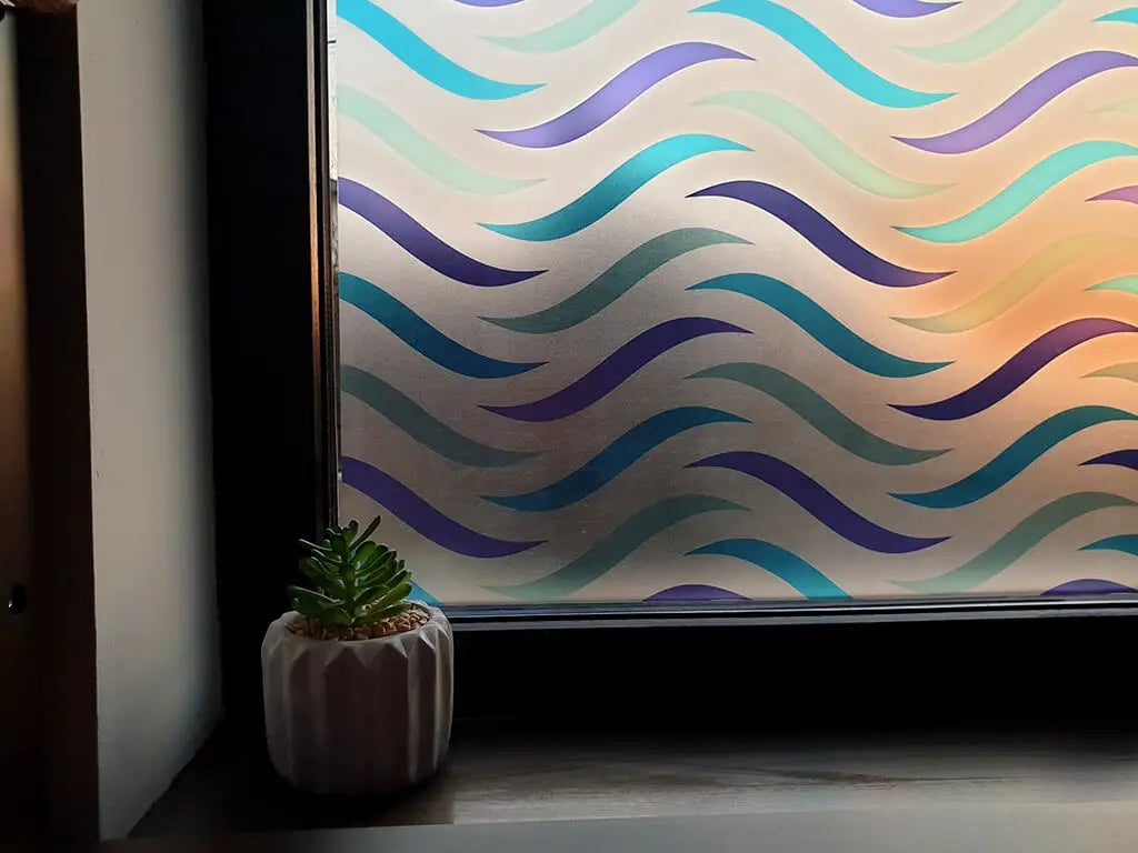Self-adhesive decorative frosted window film Blue Waves pattern
