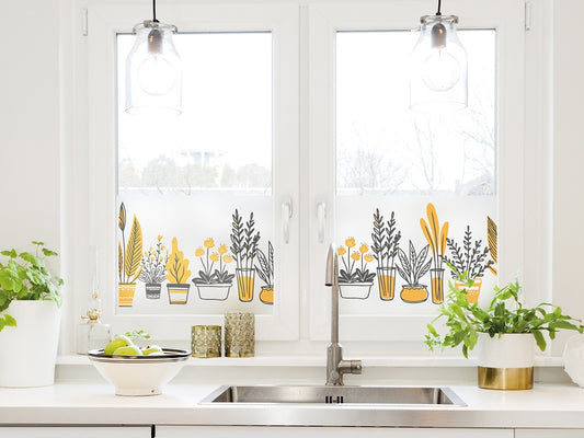 Self-adhesive decorative frosted window film border with potted plant pattern