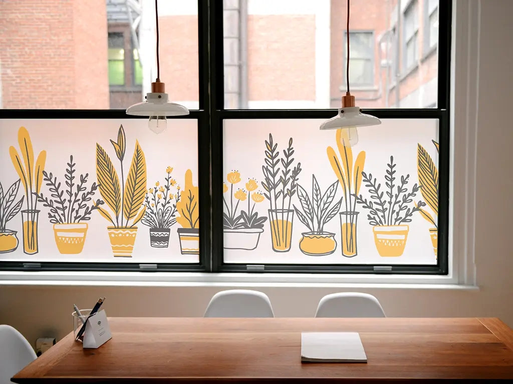 Self-adhesive decorative frosted window film border with potted plant pattern