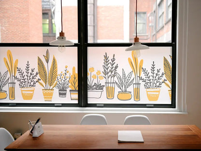 Self-adhesive decorative frosted window film border with potted plant pattern