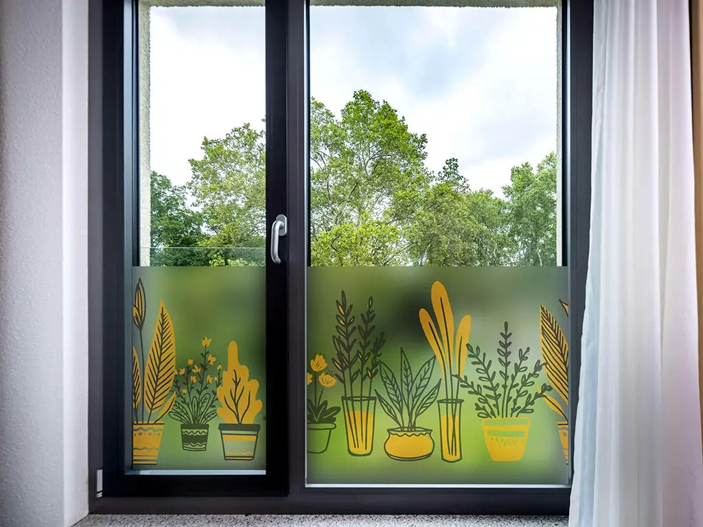 Self-adhesive decorative frosted window film border with potted plant pattern