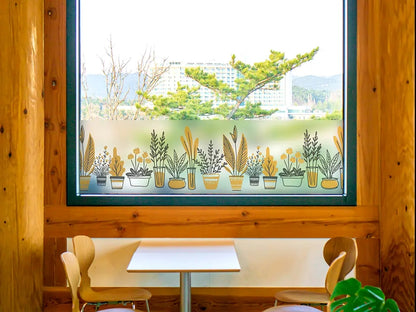 Self-adhesive decorative frosted window film border with potted plant pattern