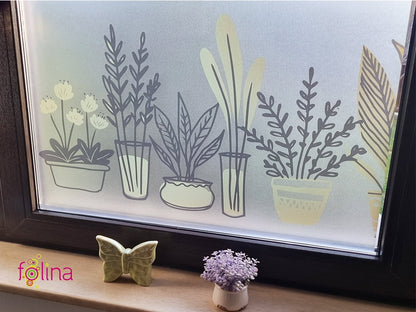 Self-adhesive decorative frosted window film border with potted plant pattern