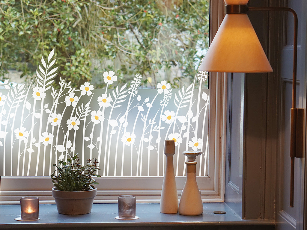 Self-adhesive decorative frosted window film border with wildflowers