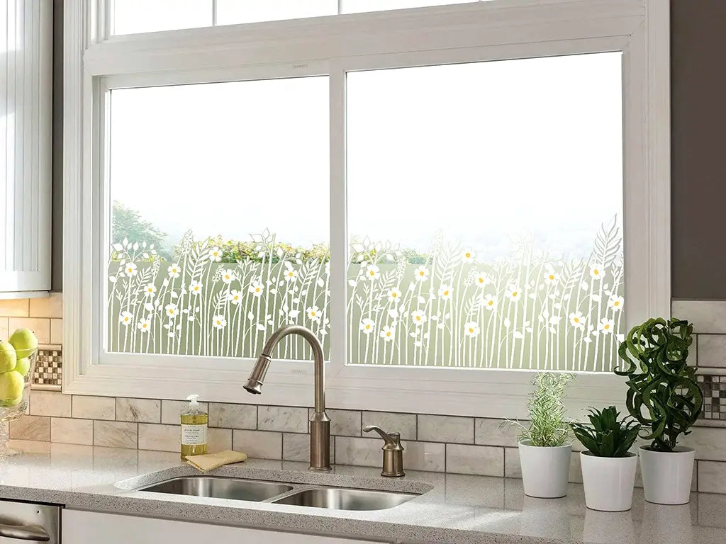 Self-adhesive decorative frosted window film border with wildflowers