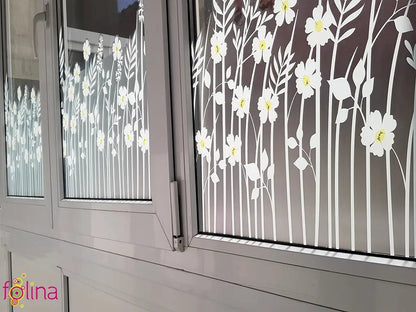 Self-adhesive decorative frosted window film border with wildflowers