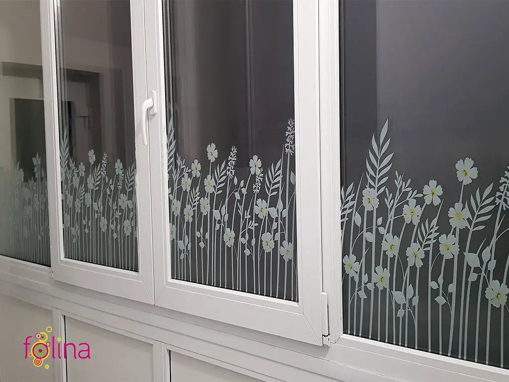 Self-adhesive decorative frosted window film border with wildflowers