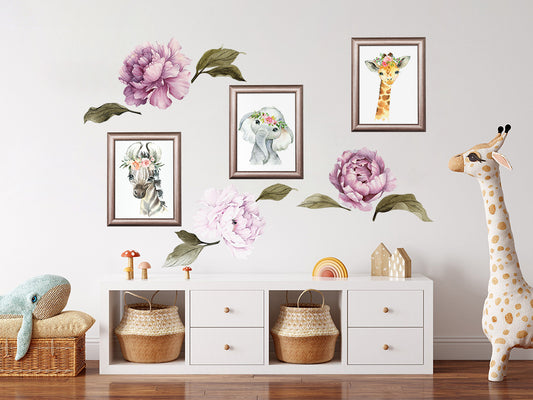 Watercolor Animals and Flower Wall Decals– Removable Vinyl Art with Peonies & Photo Frames for Nursery, Bedroom & Kids Room Decor