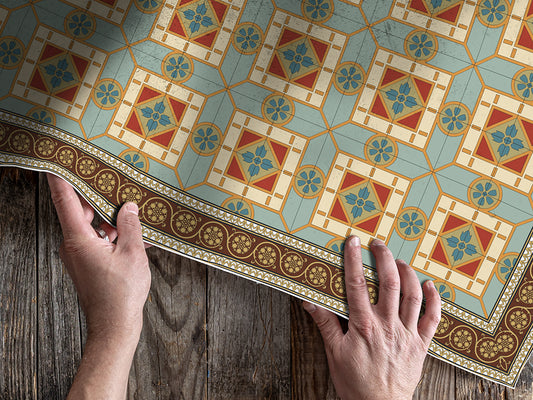 Andalusian vinyl floor mat with vintage tiles and decorative frame – Water-Resistant & Non-Slip | Custom Sizes