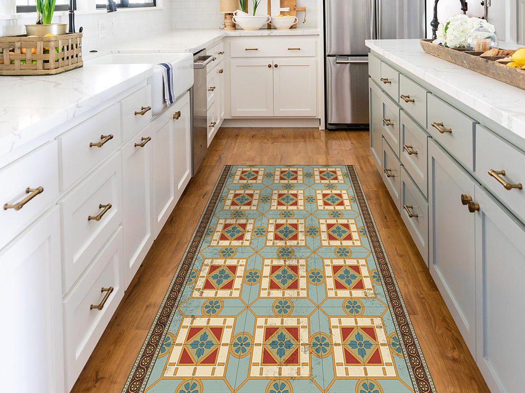 Andalusian vinyl floor mat with vintage tiles – Water-Resistant & Non-Slip for Bathroom, Kitchen, Hallway – 70 cm Width | By the Meter
