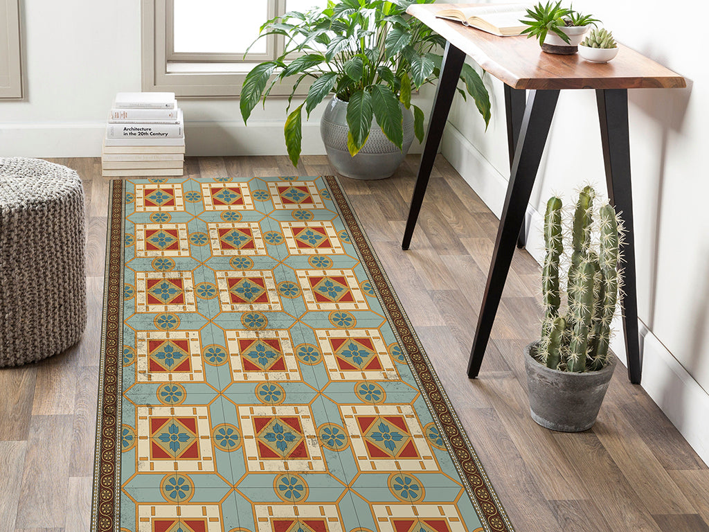 Andalusian vinyl floor mat with vintage tiles – Water-Resistant & Non-Slip for Bathroom, Kitchen, Hallway – 70 cm Width | By the Meter