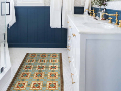 Andalusian vinyl floor mat with vintage tiles – Water-Resistant & Non-Slip for Bathroom, Kitchen, Hallway – 70 cm Width | By the Meter
