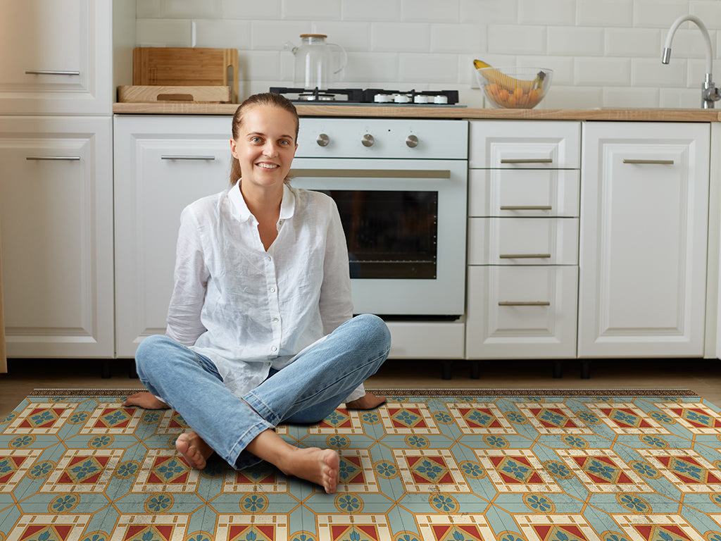 Andalusian vinyl floor mat with vintage tiles – Water-Resistant & Non-Slip for Bathroom, Kitchen, Hallway – 70 cm Width | By the Meter