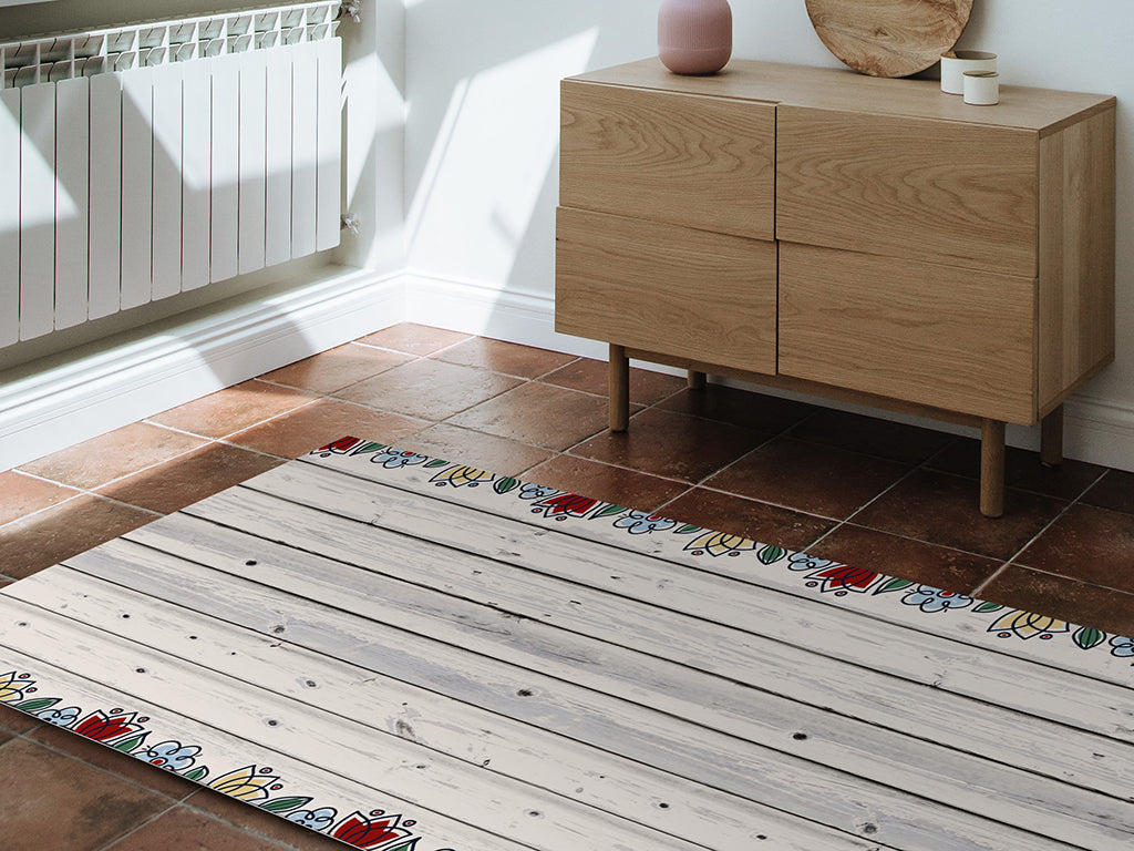 Antigua bianco vinyl floor mat with floral decorative frame – Water-Resistant & Non-Slip for Bathroom, Kitchen, Hallway – 70 cm Width  | By the Meter