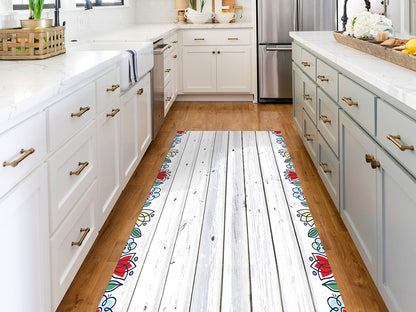 Antigua bianco vinyl floor mat with floral decorative frame – Water-Resistant & Non-Slip for Bathroom, Kitchen, Hallway – 70 cm Width  | By the Meter