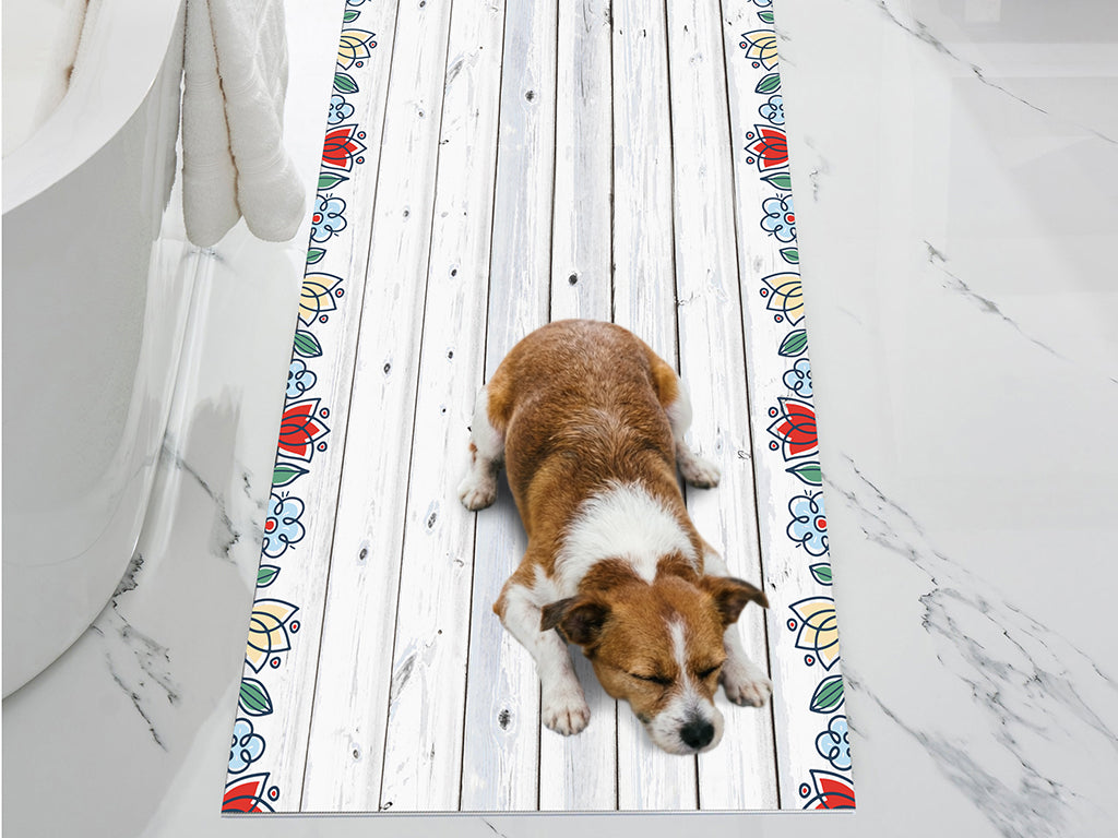 Antigua bianco vinyl floor mat with floral decorative frame – Water-Resistant & Non-Slip for Bathroom, Kitchen, Hallway – 70 cm Width  | By the Meter