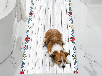 Antigua bianco vinyl floor mat with floral decorative frame – Water-Resistant & Non-Slip for Bathroom, Kitchen, Hallway – 70 cm Width  | By the Meter