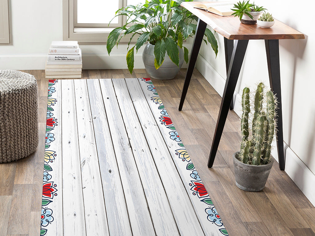 Antigua bianco vinyl floor mat with floral decorative frame – Water-Resistant & Non-Slip for Bathroom, Kitchen, Hallway – 70 cm Width  | By the Meter
