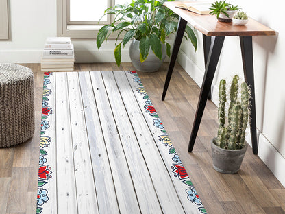 Antigua bianco vinyl floor mat with floral decorative frame – Water-Resistant & Non-Slip for Bathroom, Kitchen, Hallway – 70 cm Width  | By the Meter