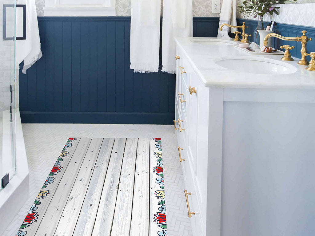 Antigua bianco vinyl floor mat with floral decorative frame – Water-Resistant & Non-Slip for Bathroom, Kitchen, Hallway – 70 cm Width  | By the Meter