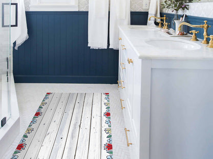 Antigua bianco vinyl floor mat with floral decorative frame – Water-Resistant & Non-Slip for Bathroom, Kitchen, Hallway – 70 cm Width  | By the Meter