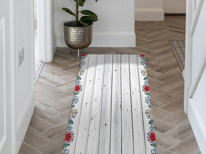 Antigua bianco vinyl floor mat with floral decorative frame – Water-Resistant & Non-Slip for Bathroom, Kitchen, Hallway – 70 cm Width  | By the Meter