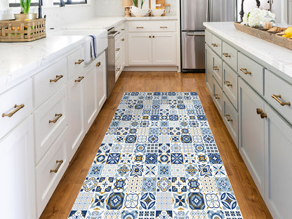 Azulejos vinyl floor mat with blue traditional tiles – Water-Resistant & Non-Slip for Bathroom, Kitchen, Hallway – 70 cm Width  | By the Meter