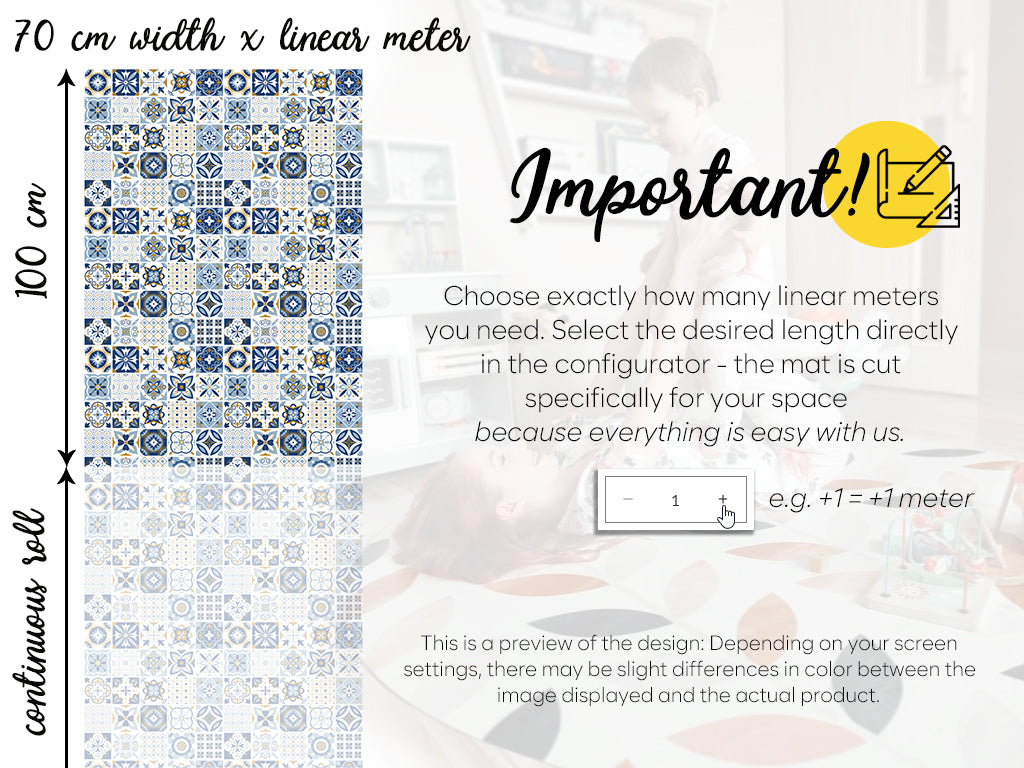 Azulejos vinyl floor mat with blue traditional tiles – Water-Resistant & Non-Slip for Bathroom, Kitchen, Hallway – 70 cm Width  | By the Meter