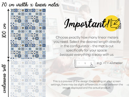 Azulejos vinyl floor mat with blue traditional tiles – Water-Resistant & Non-Slip for Bathroom, Kitchen, Hallway – 70 cm Width  | By the Meter