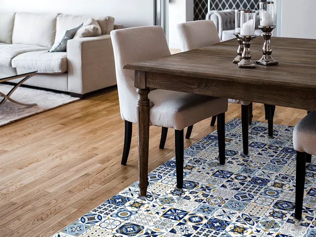 Azulejos vinyl floor mat with blue traditional tiles – Water-Resistant & Non-Slip for Bathroom, Kitchen, Hallway – 70 cm Width  | By the Meter