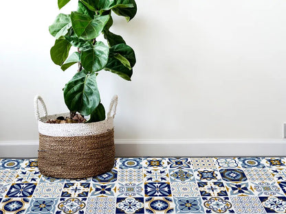 Azulejos vinyl floor mat with blue traditional tiles – Water-Resistant & Non-Slip for Bathroom, Kitchen, Hallway – 70 cm Width  | By the Meter