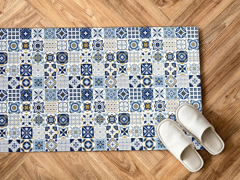 Azulejos vinyl floor mat with blue traditional tiles – Water-Resistant & Non-Slip for Bathroom, Kitchen, Hallway – 70 cm Width  | By the Meter