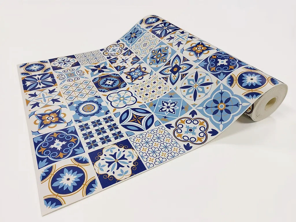 Azulejos vinyl floor mat with blue traditional tiles – Water-Resistant & Non-Slip for Bathroom, Kitchen, Hallway – 70 cm Width  | By the Meter