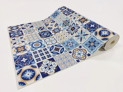 Azulejos vinyl floor mat with blue traditional tiles – Water-Resistant & Non-Slip for Bathroom, Kitchen, Hallway – 70 cm Width  | By the Meter