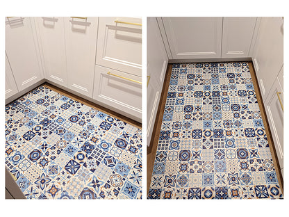 Azulejos vinyl floor mat with blue traditional tiles – Water-Resistant & Non-Slip for Bathroom, Kitchen, Hallway – 70 cm Width  | By the Meter