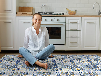 Azulejos vinyl floor mat with blue traditional tiles – Water-Resistant & Non-Slip for Bathroom, Kitchen, Hallway – 70 cm Width  | By the Meter