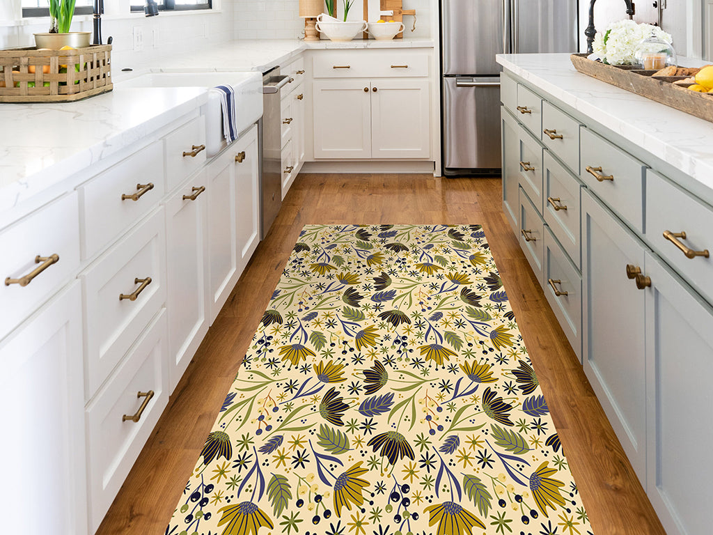 Botanical folk art vinyl floor mat with delicate flowers pattern – Water-Resistant & Non-Slip for Bathroom, Kitchen, Hallway – 70 cm Width  | By the Meter