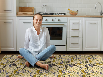 Botanical folk art vinyl floor mat with delicate flowers pattern – Water-Resistant & Non-Slip for Bathroom, Kitchen, Hallway – 70 cm Width  | By the Meter