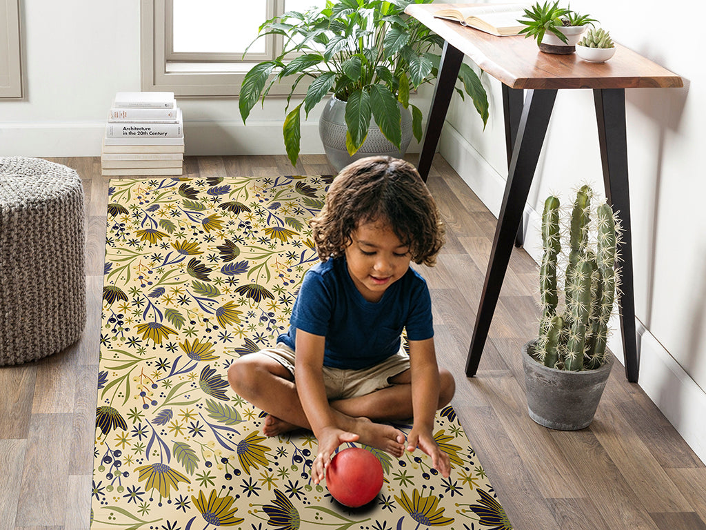 Botanical folk art vinyl floor mat with delicate flowers pattern – Water-Resistant & Non-Slip for Bathroom, Kitchen, Hallway – 70 cm Width  | By the Meter