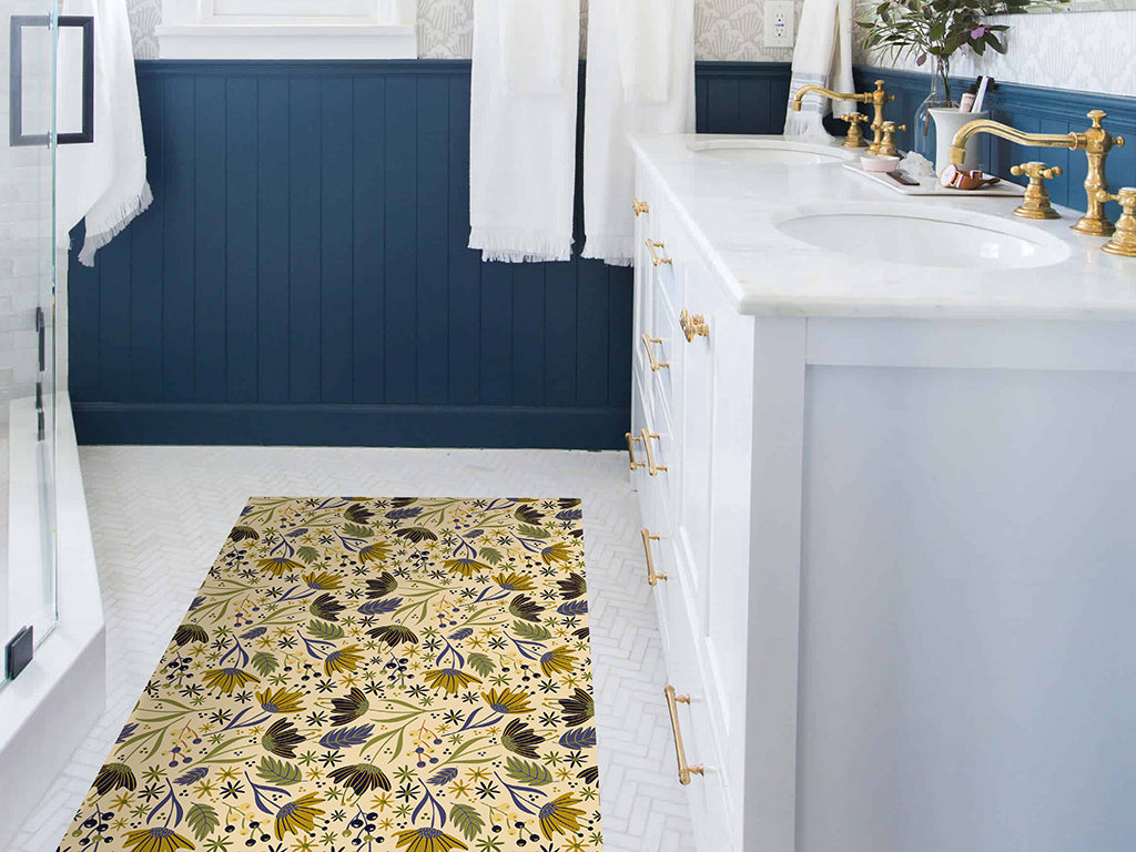 Botanical folk art vinyl floor mat with delicate flowers pattern – Water-Resistant & Non-Slip for Bathroom, Kitchen, Hallway – 70 cm Width  | By the Meter