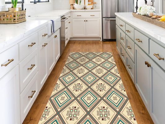 Geometric ethnic pattern vinyl floor mat with tribal design – Water-Resistant & Non-Slip for Bathroom, Kitchen, Hallway – 70 cm Width  | By the Meter