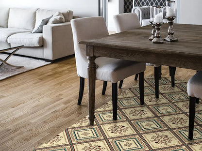 Geometric ethnic pattern vinyl floor mat with tribal design – Water-Resistant & Non-Slip for Bathroom, Kitchen, Hallway – 70 cm Width  | By the Meter