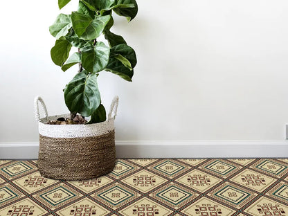 Geometric ethnic pattern vinyl floor mat with tribal design – Water-Resistant & Non-Slip for Bathroom, Kitchen, Hallway – 70 cm Width  | By the Meter