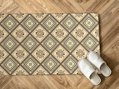 Geometric ethnic pattern vinyl floor mat with tribal design – Water-Resistant & Non-Slip for Bathroom, Kitchen, Hallway – 70 cm Width  | By the Meter