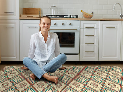 Geometric ethnic pattern vinyl floor mat with tribal design – Water-Resistant & Non-Slip for Bathroom, Kitchen, Hallway – 70 cm Width  | By the Meter