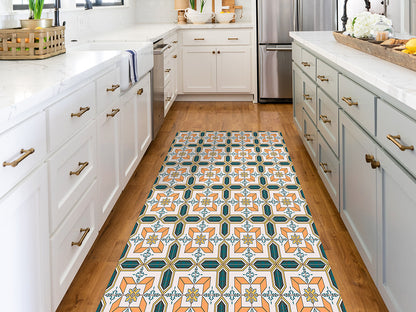 Maroccan tilework vinyl floor mat with geometric decorative pattern – Water-Resistant & Non-Slip for Bathroom, Kitchen, Hallway – 70 cm Width  | By the Meter