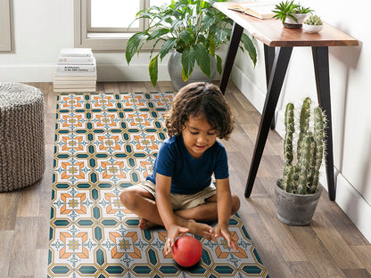 Maroccan tilework vinyl floor mat with geometric decorative pattern – Water-Resistant & Non-Slip for Bathroom, Kitchen, Hallway – 70 cm Width  | By the Meter
