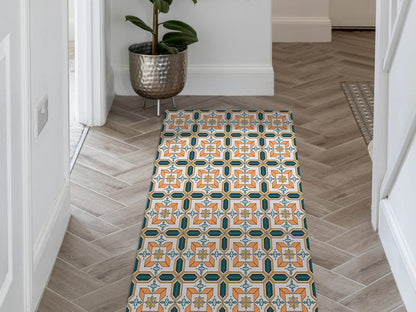 Maroccan tilework vinyl floor mat with geometric decorative pattern – Water-Resistant & Non-Slip for Bathroom, Kitchen, Hallway – 70 cm Width  | By the Meter